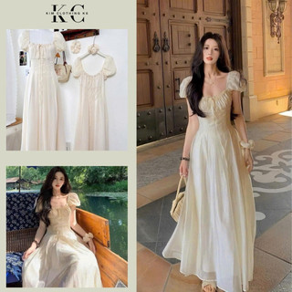  Kim Clothing - Đầm tơ kem nhạt tay bồng bo chun cổ vuông xếp li eo dáng maxi xoè dài + cột tóc nhẹ nhàng tiểu thư 