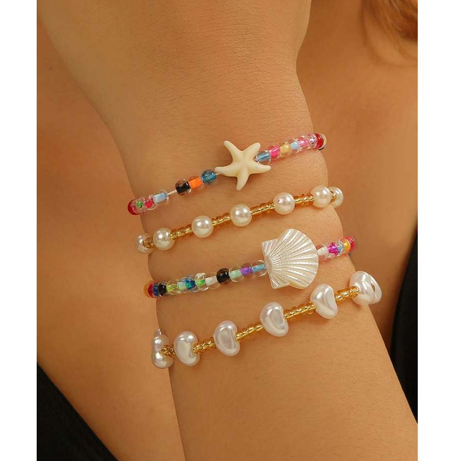 [CÓ SẴN] Set 4 Vòng tay đi biển Sao biển Vỏ ốc Ngọc Trai Nhiều Màu Phong cách Bohemian 🌺 FREESHIP (E