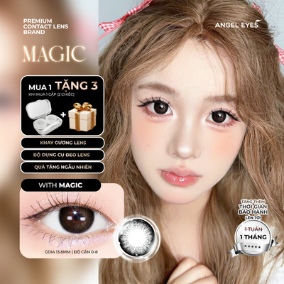 Lens giãn tròng màu đen tự nhiên có độ 0-6 Magic Black hiệu Angel Eyes, kính giãn tròng đen 14.5