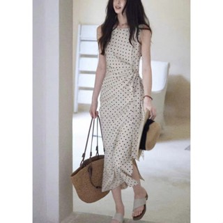 Đầm dạo phố dáng dài hoạ tiết chấm bi cổ tròn buộc eo - AMI DRESS