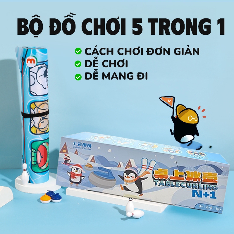 Set đồ chơi 5 trong 1 Bowling - Trượt bi - Chiếm Ô - Ném Bi - Băng Cầu, chơi 2-8 người, đơn giản