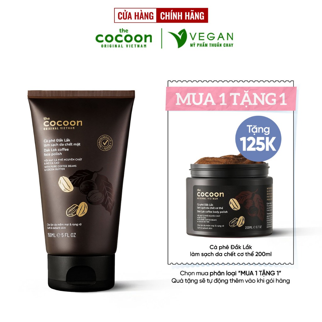 Tẩy Tế Bào chết Cà phê Đắk Lắk làm sạch da chết mặt cocoon 150ml - VEGAN mỹ phẩm thuần chay