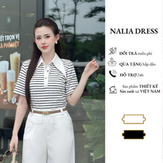 NALIA AVIA - Áo thun sơ mi cộc tay cổ nhon kẻ ngang dáng xuông chất liệu cotton Hàn cao cấp
