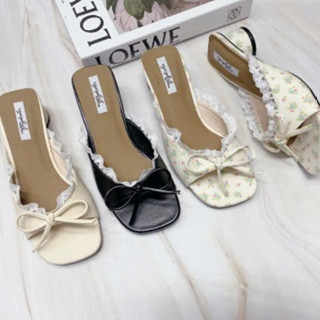 Dép cao gót nữ 4 cm NGỌC TRINH STORE quai hoa nhí phối ren tiểu thư sang chảnh _KM 013