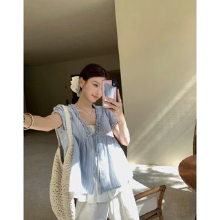 Áo Sơ Mi Babydoll Kẻ Sọc Phối Layer Viền Ren Thắt Nơ LANI, Labibi