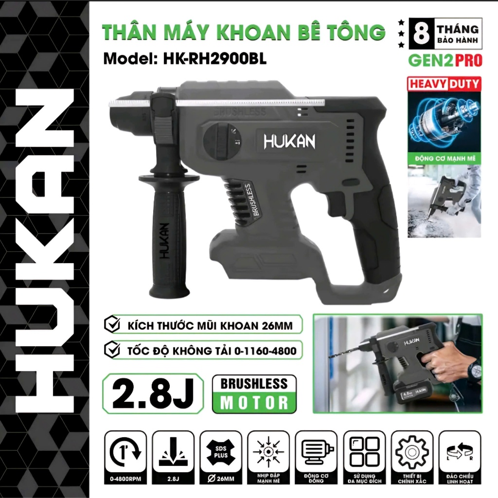 Bộ Máy khoan bê tông dùng pin Hukan 3 chức năng Gen 2 Pro HK-RH2900BL, có thân lẻ.