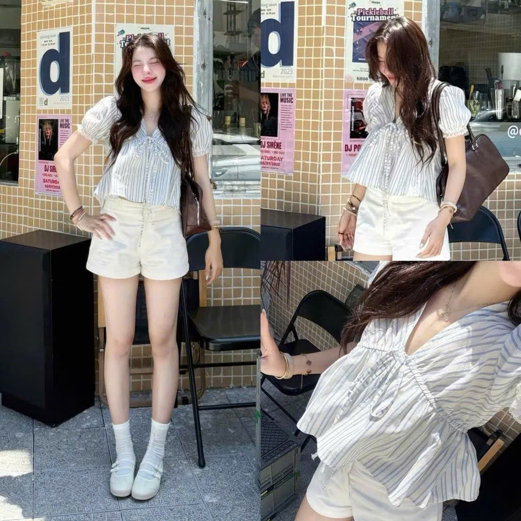 Áo Babydoll SONA Cổ Tim Phối Dây Buộc Nơ, Labibi