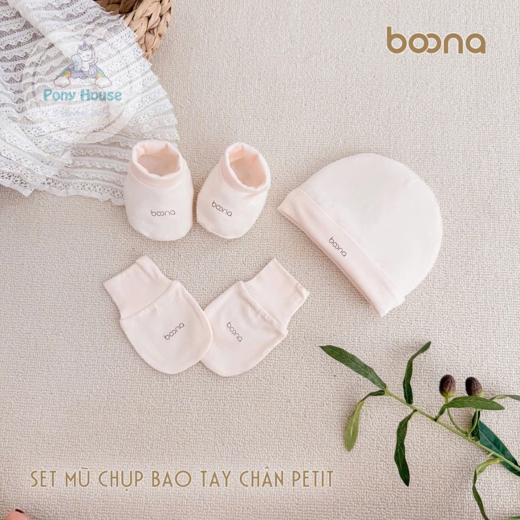 Set Mũ Bao Tay Bao Chân Sơ Sinh Boona Chất Petit Mềm Mại Cho Bé Trai Bé Gái Sơ Sinh