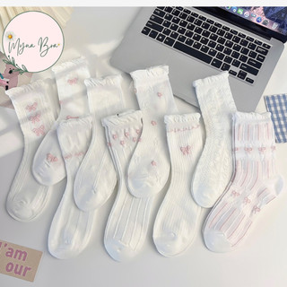  Set 5 Đôi Tất Trắng Cổ Cao Viền Bèo Họa Tiết Nơ Hồng Ngọt Ngào Phong Cách Tiểu Thư Hàn Quốc MynaBra TT76 