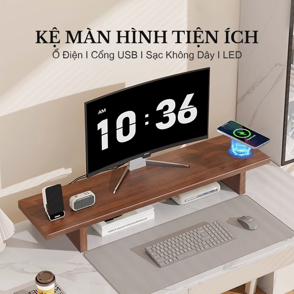 Kệ màn hình để máy tính PC có ổ cắm điện USB LED kệ gỗ kê máy vi tính laptop hyperwork màu vân gỗ De
