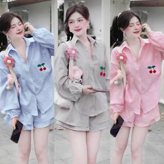  Set Bộ Áo Sơ Mi Nữ Tay Tay Phồng Cherrry Form Rộng Kèm Quần 2 Lớp Bigsize Xinh Đẹp Cao Cấp Dễ Thương Freesize 50-95kg 