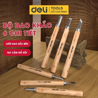 Bộ Dao Khắc Cán Gỗ Deli 6 Chi Tiết, Lưỡi Dao SK2 Sắc Bén, Tay Cầm Gỗ Sồi Chống Trơn Trượt