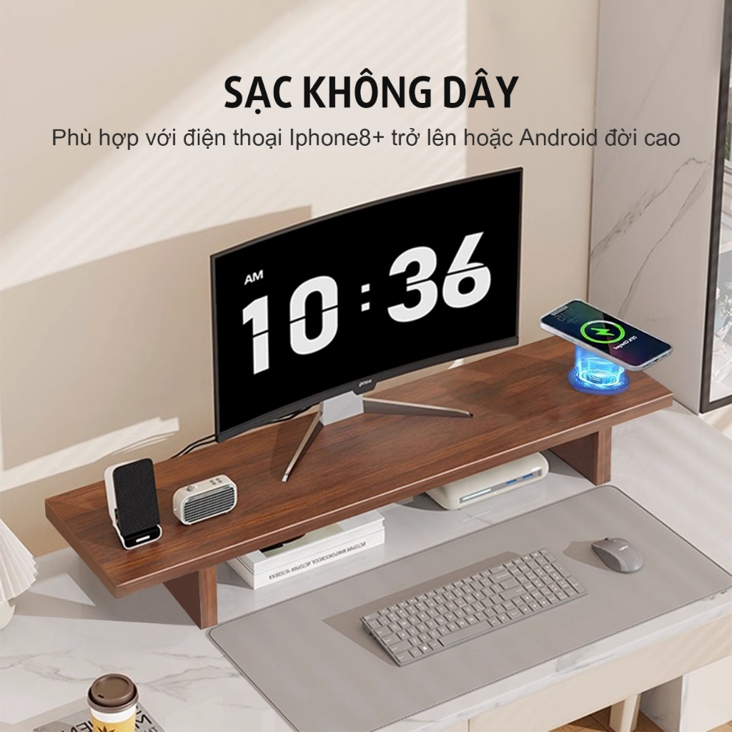 Kệ màn hình máy tính LED sạc không dây USB kệ để máy tính bàn giá đỡ màn hình kê PC gỗ trắng | BigBuy360 - bigbuy360.vn