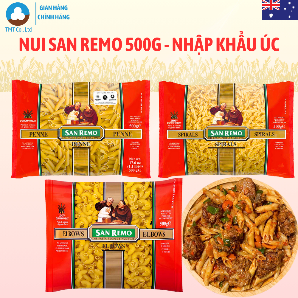 Nui San Remo 500g dạng nui ống Penne, nui xoắn Spirals, nui Elbows, nhập khẩu Úc