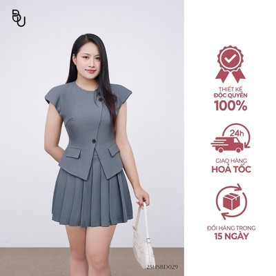 Set áo cổ tròn nẹp chéo + chân váy xếp ly BIGSIZE (55kg đến 95kg) -25HSBD029 - [BUstu Bigsize]