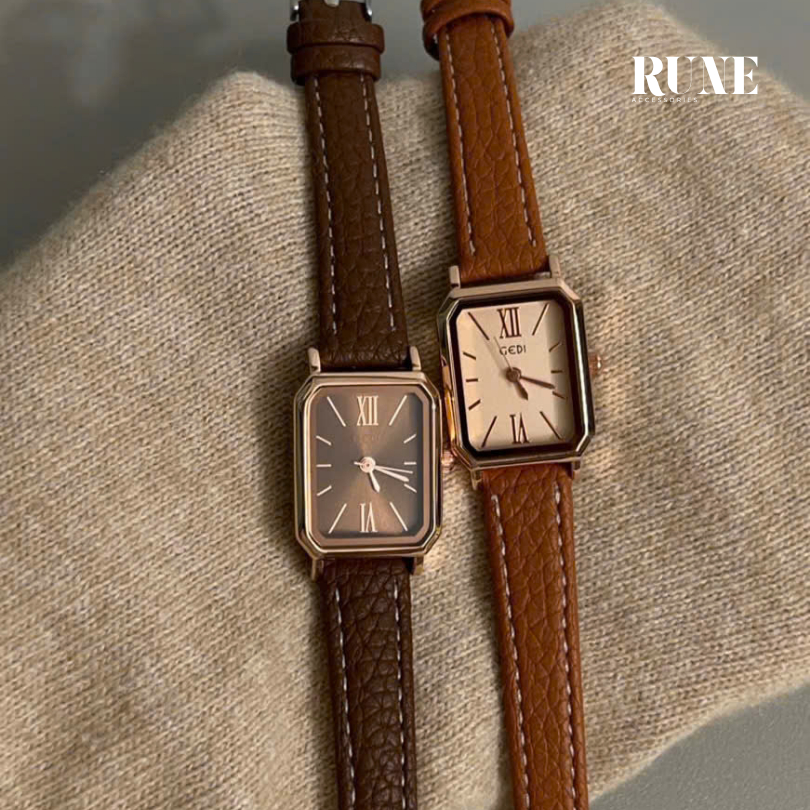 [ Rune Watch 6612 ] Đồng Hồ Nữ Dây Da Size Bé  - Đồng Hồ Nữ Chính Hãng Gedi Mặt Vuông Cọc Số La Mã P