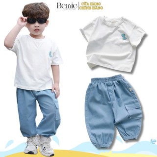  Set bộ áo thun tay ngắn họa tiết khủng long kèm quần jean dài cho bé trai 9 tới 28kg BERNIE P0225B20 