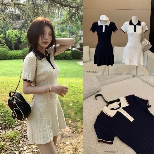 Đầm Polo Nữ WGWE 6548 Ôm Body Cổ Bẻ Dáng Ngắn Xòe Váy Len, Đầm Polo Nữ Quảng Châu Cao Cấp