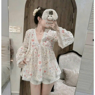  Set áo babydoll hoa cực xinh kèm quần phong cách tiểu thư dễ thương cho nữ đi chơi dự tiệc set xinh đi biển 