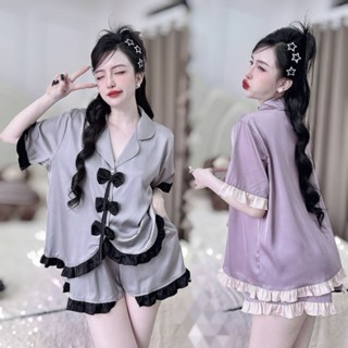 Đồ Bộ Lụa Latin Feesize Dưới 65Kg Tay Ngắn Quần Đùi - Mẫu Áo Sơ Mi Viền Bèo 3 Nơ Đồ Bộ Nữ Mặc Nhà