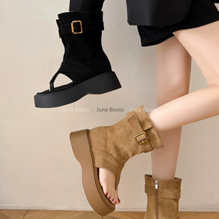  Giày Bốt nữ xỏ ngón đế cao phong cách Cao Bồi - Giày sandal cổ ngắn da lộn mùa Hè cá tính 