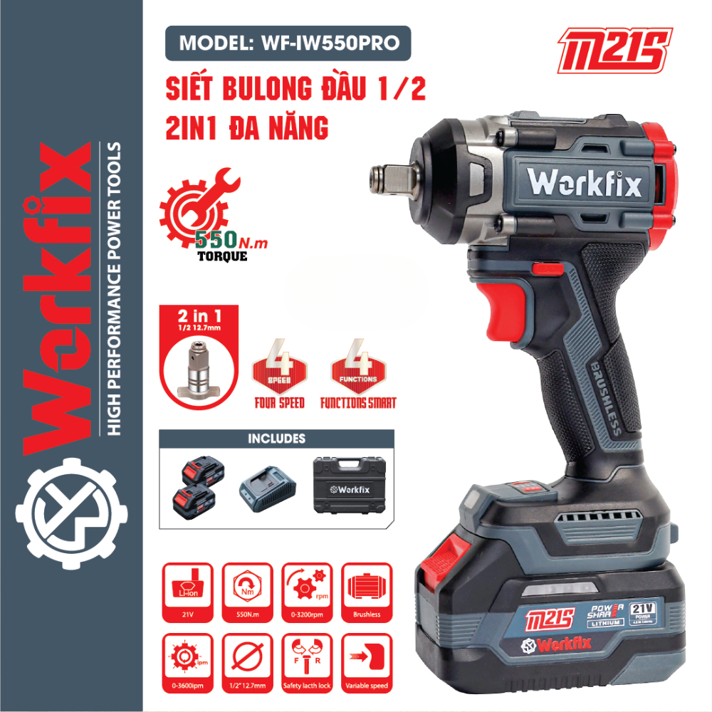 Máy siết bulong WORKFIX WF-IW550N, Lực Siết 550N.m, 4 tốc độ, 4 tính năng - 100% Lõi đồng