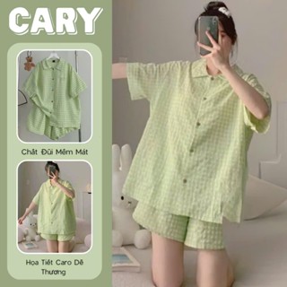  Set đồ bộ mặc nhà pyjama kẻ caro tay cộc quần đùi chất đũi xốp mềm mát bộ đồ ngủ CARY 