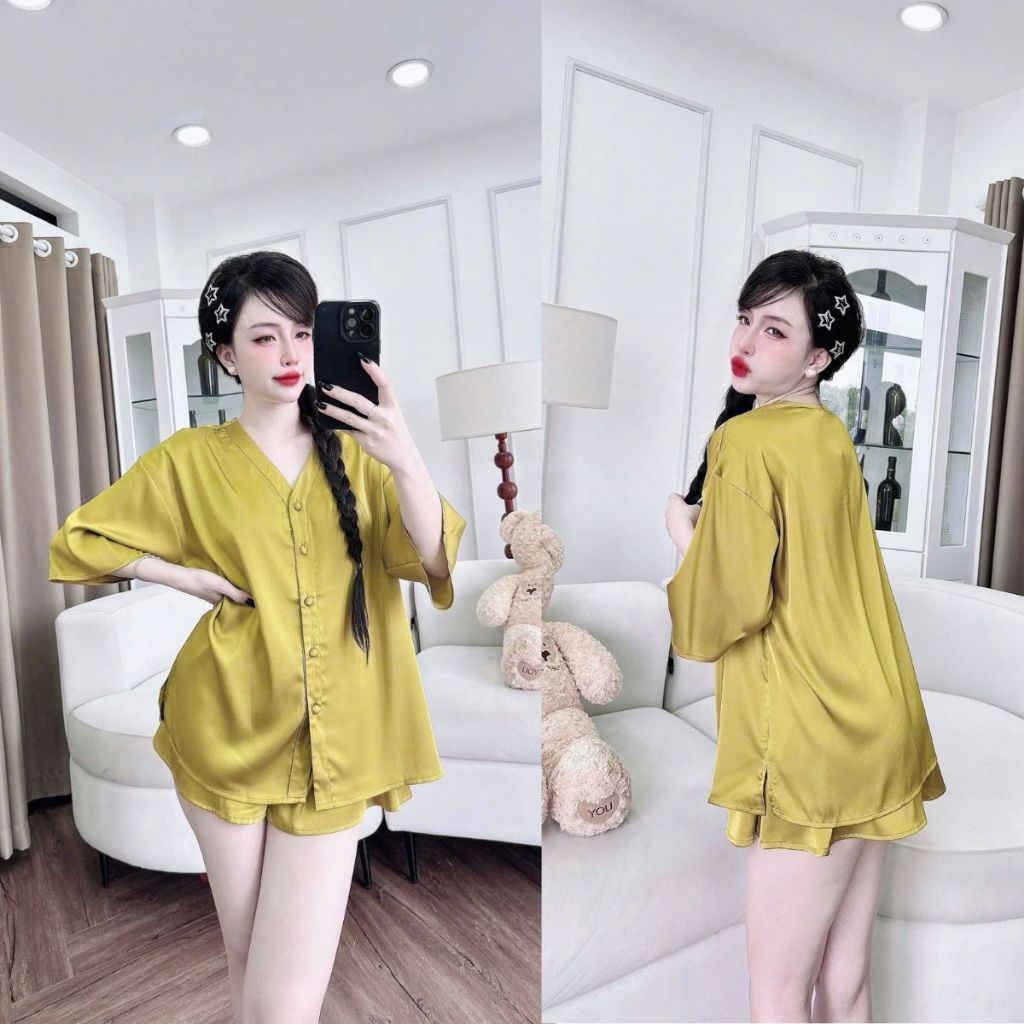 Đồ Ngủ Nữ Bigsize MIKY, Đồ Ngủ Bigsize lụa Latin cao cấp mềm mại xinh xắn cổ V nút bọc < 80KG | BigBuy360 - bigbuy360.vn