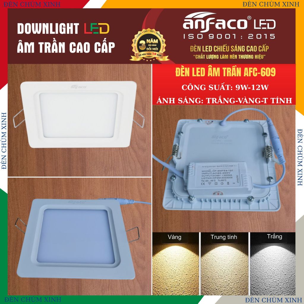 [ ĐÈN CHÙM XINH ] Đèn led âm trần, đèn led dowlight siêu mỏng chính hãng ANFACO AFC-609/9W/12W