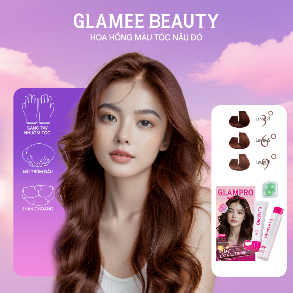 Glamee Beauty Kem Nhuộm Tóc Tại Nhà NÂU ĐỎ Chuẩn Thuốc Nhuộm Tóc Dưỡng Tặng Bộ Dụng Cụ