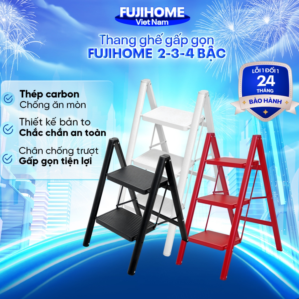 Thang xếp gấp gọn 2-3-4 bậc thép carbon Nhập Khẩu FUJIHOME, thang ghế chữ A gấp gọn đa năng gia đình