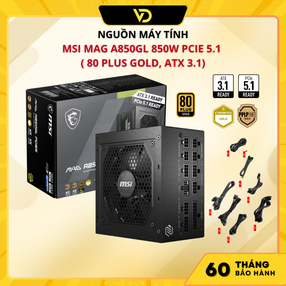 Nguồn máy tính MSI MAG A850GL 850w PCIE 5.1 ( 80 Plus Gold, ATX 3.1) - Bảo hành 5 Năm - Chính hãng