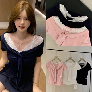 Áo Kiểu Nữ Trễ Vai WGWE 6169 Tay Ngắn Phối Ren Buộc Nơ Cổ Khăn Liền Dáng Ôm Thời Trang Quảng Châu