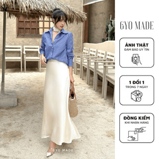 Chân váy lụa kem GYOMADE® cao cấp may 2 lớp, lót lụa Habutai dày dặn, đứng form, có bản lưng che khuyết điểm bụng tốt