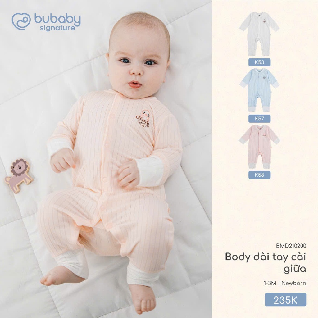 Body dài tay cài giữa BU Baby BMD210200 cho các bé từ sơ sinh đến 3 tháng | Đồ BU Baby chính hãng