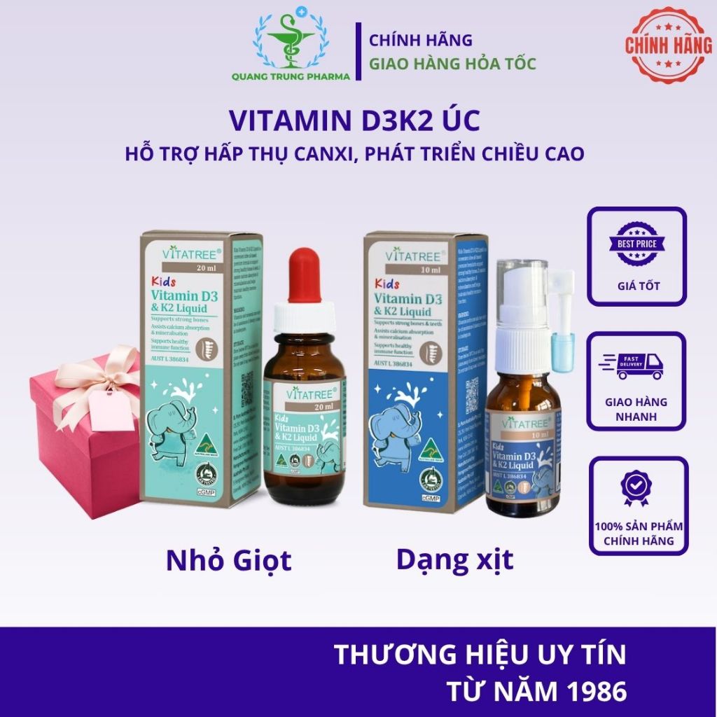 (Chính Hãng) VitaTree Kids Vitamin D3K2 Liquid nhỏ giọt hỗ trợ hấp thụ Canxi, giúp bé phát triển chi