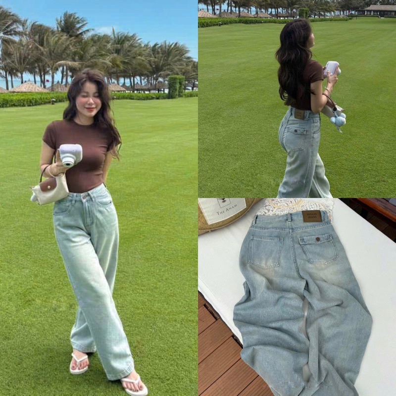 Sẵn ML size 5709 Mác ENEN Quần jean Bạc dáng ống suông (dài 93 ~95cm)NẤM LÙN túi nắp sau hàng chuẩn 