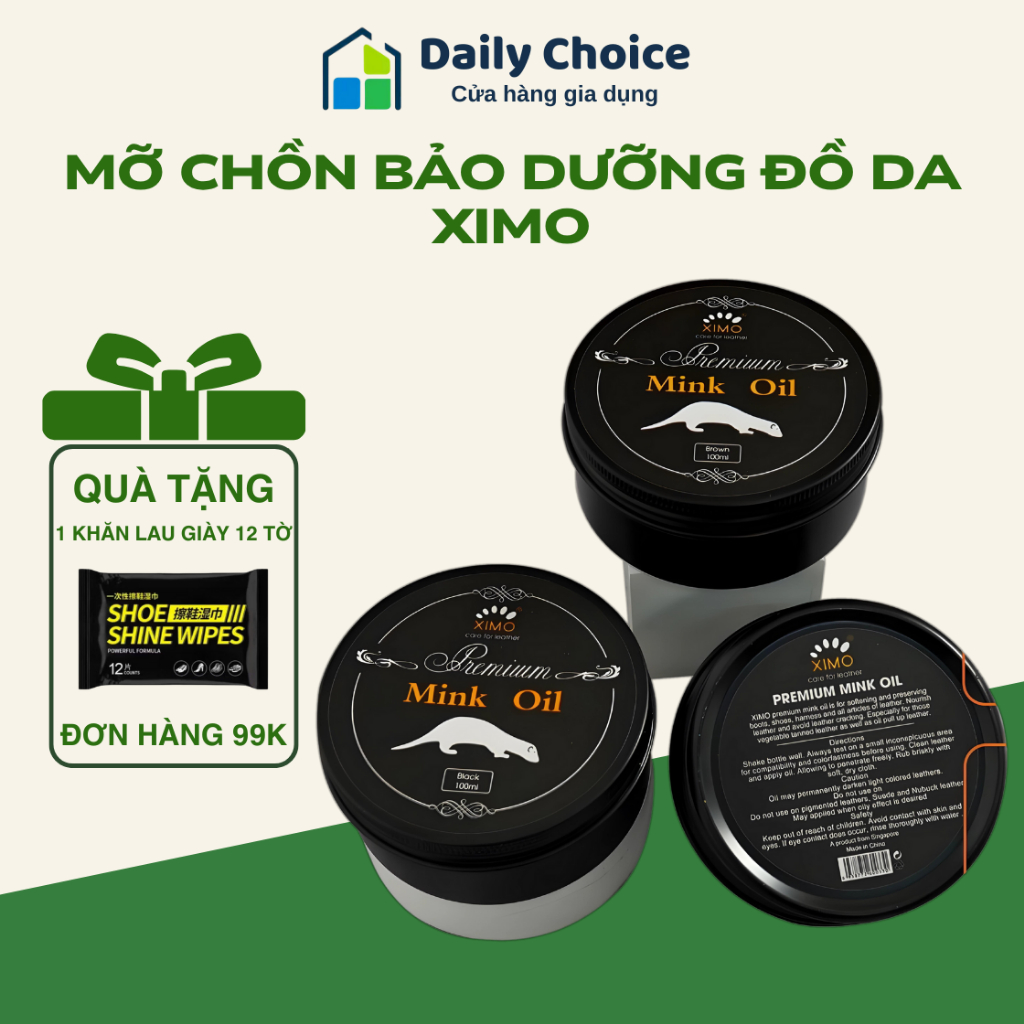 Mỡ chồn phục hồi, bảo dưỡng đồ da Mink Oil XIMO 100ml - Sáp bóng tẩy mốc làm mới chăm sóc đồ da