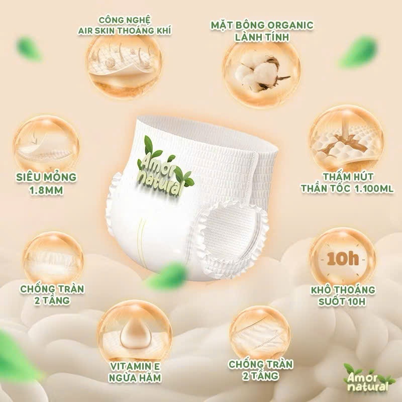 [Không quà] 1 bịch tã bỉm Amor Natural dán/ Quần NB68 S58 M52 M48 L44 XL42 XXL40 XXXL38 XXXXL34 Chín