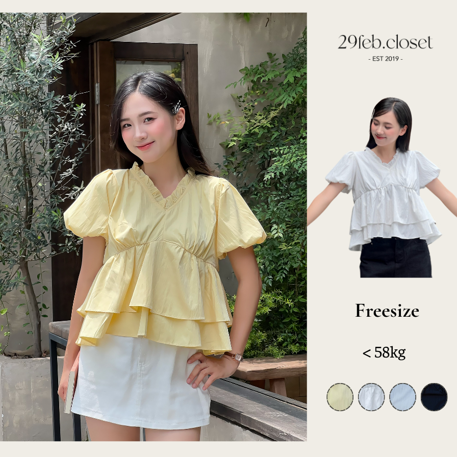 Áo kiểu nữ cổ tim hai tầng bèo nhún tay bồng, Áo babydoll cổ bèo gấu dễ thương thời trang hè -A562 - 29feb.closet | BigBuy360 - bigbuy360.vn
