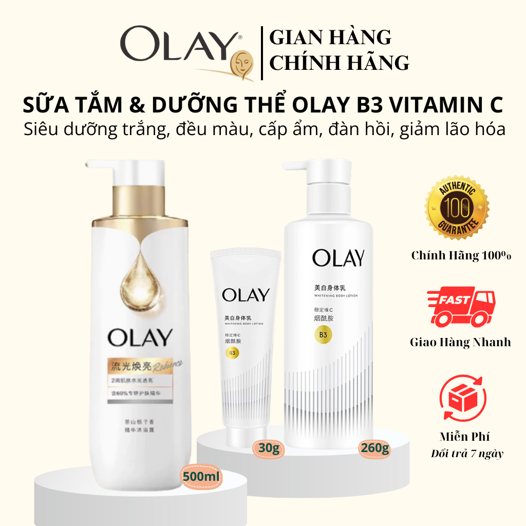 Sữa Tắm Olay B3+ và Sữa Dưỡng Thể Olay B3 Vitamin C Body Cellscience Dưỡng Trắng Da, Cấp Ẩm Cho Da