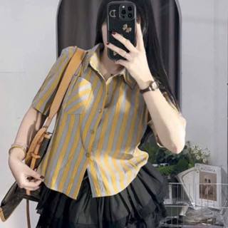 Áo Sơ Mi Nữ Croptop Kẻ Ô Tay Cộc  Form Rộng Phong Cách Hàn Quốc