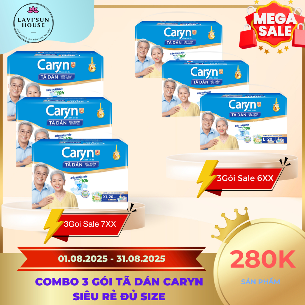 [COMBO 3 GÓI] Tã dán Người Lớn Caryn đủ size M/L/XL 20- Thấm hút tốt, khử mùi, chính hãng
