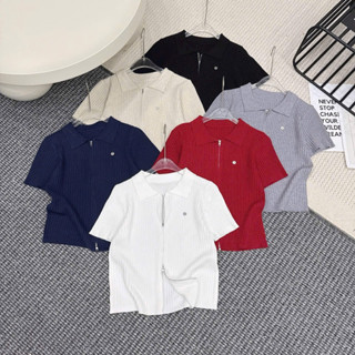  áo len tay cộc cổ bẻ khoá kéo hai đầu hoạ tiết vặn thừng A45 