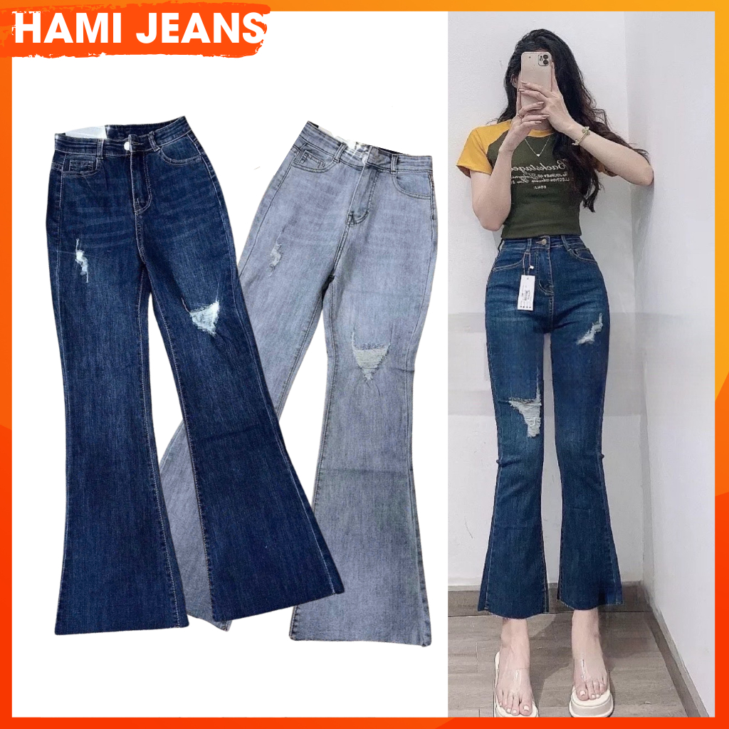 Quần jean nữ ống loe lỡ 90cm quần bò loe 9 tấc co giãn cạp lưng cao rách đùi quần jean ống loe rách 