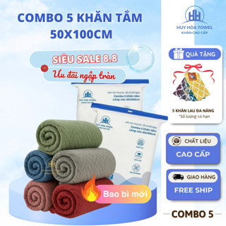 (Tặng 5 Khăn Đa Năng) Combo 5 Khăn Tắm Sợi Tre Siêu Mềm Mại Microfiber Lông Cừu 50x100cm Huy Hòa Towel