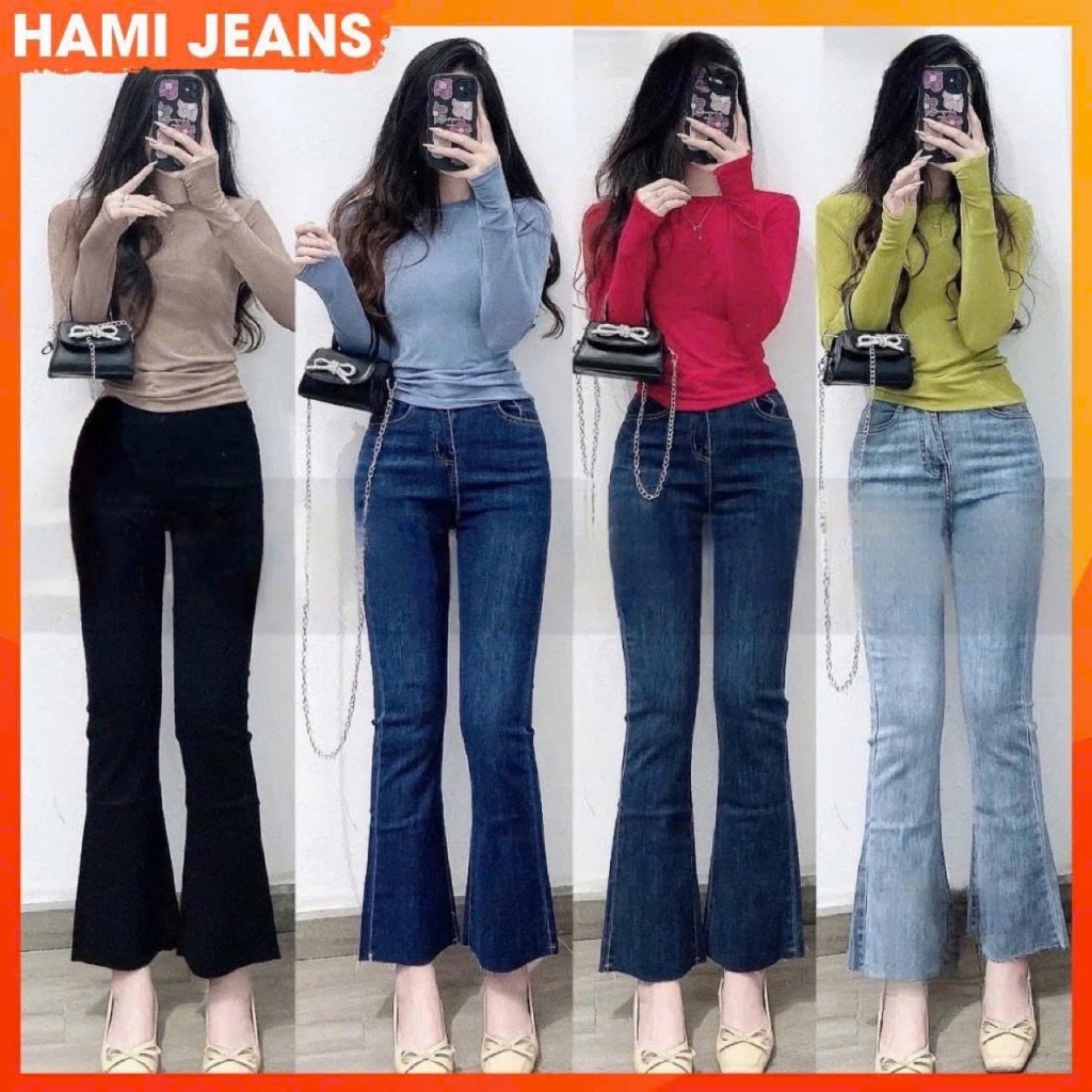 Quần loe lỡ 90cm Quần jean nữ ống loe lỡ co giãn lưng siêu cao quần bò loe 9 tấc co giãn