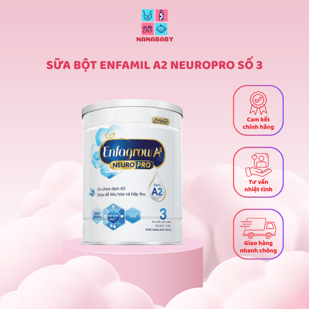 Sữa Enfamil A2 NeuroPro số 3 – 1-6 tuổi – Đạm A2 dễ tiêu, DHA, MFGM – Hộp 800g chính hãng