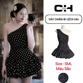 Đầm Chấm Bi Lệch Vai Tôn Dáng Nữ Tính - Váy Chấm Bi Đi Tiệc Sang Trọng - Đầm Ngắn Dáng Xòe,Bồng Bềnh Hot Trend- CiHivn