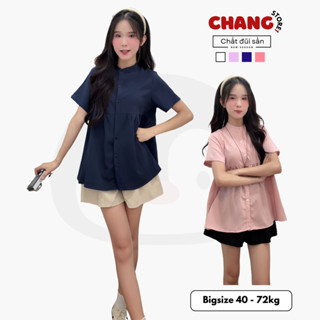 Set áo sơ mi cổ tàu tay ngắn dáng babydoll kèm cúc dọc thân dễ thương ChangStore - S120